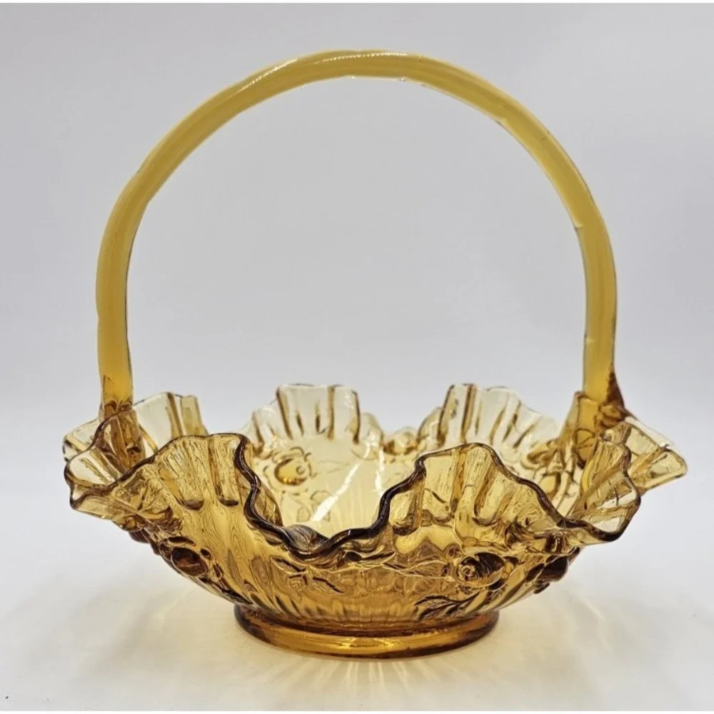 Vintage Amber Pressed Glass Basket Ruffled Edges Roses Applied Handle